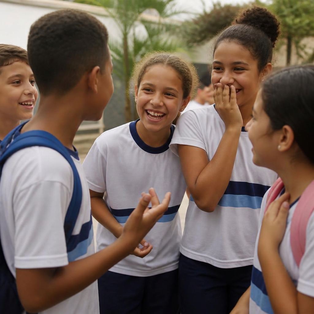 Estudantes conversando e sorrindo no pátio da escola, em luz natural